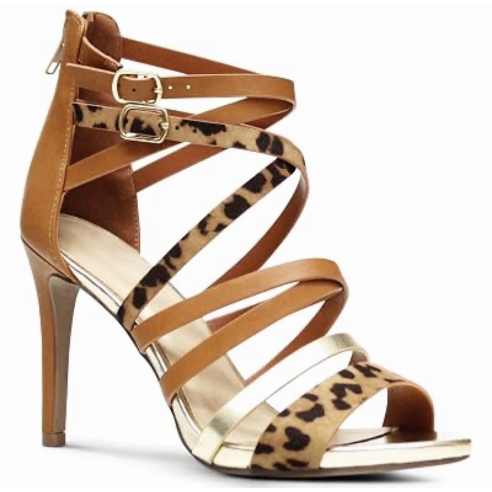 ALDO Leopard Calf Hair Strappy Stiletto Heels Gold Tan Glam Party Resort Sandals